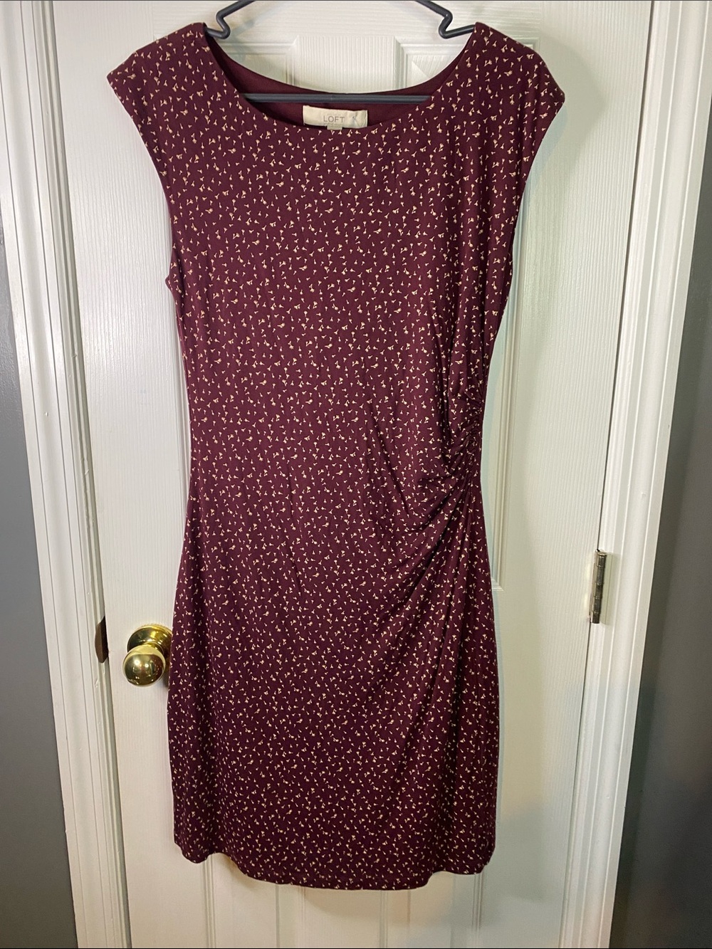 LOFT Wine Cap-Sleeve Midi Dress with Cream Microprint Size 14.